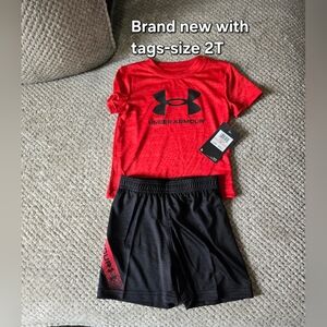 Under Armour Red Tee with Black Logo and Black Shorts